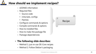 2929
How should we implement recipes?
– LICENSE information
– Required files
• Source code
• initscripts, configs
• Patches
– Configure commands & options
– Compile commands & options
– How to installed files
– How to make the package file
– Package dependencies
• The following slide describes:
– Method 1: just re-use OE-Core recipes
– Method 2: Follow Debian’s packaging
Recipe
Embedded Linux Conference 2016
 