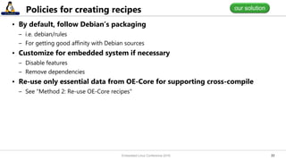 3333
Policies for creating recipes
• By default, follow Debian’s packaging
– i.e. debian/rules
– For getting good affinity with Debian sources
• Customize for embedded system if necessary
– Disable features
– Remove dependencies
• Re-use only essential data from OE-Core for supporting cross-compile
– See "Method 2: Re-use OE-Core recipes"
our solution
Embedded Linux Conference 2016
 
