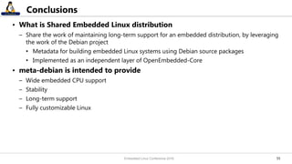 5555
Conclusions
• What is Shared Embedded Linux distribution
– Share the work of maintaining long-term support for an embedded distribution, by leveraging
the work of the Debian project
• Metadata for building embedded Linux systems using Debian source packages
• Implemented as an independent layer of OpenEmbedded-Core
• meta-debian is intended to provide
– Wide embedded CPU support
– Stability
– Long-term support
– Fully customizable Linux
Embedded Linux Conference 2016
 