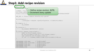 6060
Step1: Add recipe revision
PR = "r0"
inherit debian-package
LICENSE = "Zlib"
LIC_FILES_CHKSUM = ¥
"file://zlib.h;beginline=4;endline=23;md5=fde612df1e5933c428b73844a0c494fd"
SRC_URI += "file://remove.ldconfig.call.patch"
do_configure() {
./configure --shared --prefix=${prefix} --libdir=${libdir}
}
do_compile () {
oe_runmake
}
do_install() {
oe_runmake DESTDIR=${D} install
}
do_install_append_class-target() {
mkdir -p ${D}/${base_libdir}
mv ${D}/${libdir}/libz.so.* ${D}/${base_libdir}
tmp=`readlink ${D}/${libdir}/libz.so`
ln -sf ../../${base_libdir}/$tmp ${D}/${libdir}/libz.so
}
DEBIANNAME_${PN}-dbg = "${PN}1g-dbg"
DEBIANNAME_${PN}-staticdev = "${PN}1g-staticdev"
DEBIANNAME_${PN}-dev = "${PN}1g-dev"
DEBIANNAME_${PN}-doc = "${PN}1g-doc"
DEBIANNAME_${PN} = "${PN}1g"
• Define recipe revision: ${PR}
• Increment every update
Embedded Linux Conference 2016
 