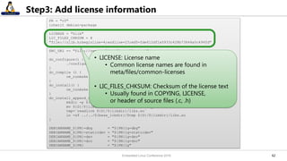 6262
Step3: Add license information
PR = "r0"
inherit debian-package
LICENSE = "Zlib"
LIC_FILES_CHKSUM = ¥
"file://zlib.h;beginline=4;endline=23;md5=fde612df1e5933c428b73844a0c494fd"
SRC_URI += "file://remove.ldconfig.call.patch"
do_configure() {
./configure --shared --prefix=${prefix} --libdir=${libdir}
}
do_compile () {
oe_runmake
}
do_install() {
oe_runmake DESTDIR=${D} install
}
do_install_append_class-target() {
mkdir -p ${D}/${base_libdir}
mv ${D}/${libdir}/libz.so.* ${D}/${base_libdir}
tmp=`readlink ${D}/${libdir}/libz.so`
ln -sf ../../${base_libdir}/$tmp ${D}/${libdir}/libz.so
}
DEBIANNAME_${PN}-dbg = "${PN}1g-dbg"
DEBIANNAME_${PN}-staticdev = "${PN}1g-staticdev"
DEBIANNAME_${PN}-dev = "${PN}1g-dev"
DEBIANNAME_${PN}-doc = "${PN}1g-doc"
DEBIANNAME_${PN} = "${PN}1g"
• LICENSE: License name
• Common license names are found in
meta/files/common-licenses
• LIC_FILES_CHKSUM: Checksum of the license text
• Usually found in COPYING, LICENSE,
or header of source files (.c, .h)
Embedded Linux Conference 2016
 