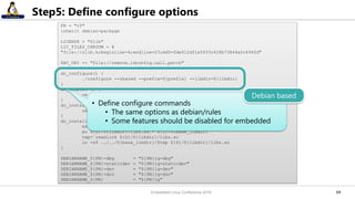 6464
Step5: Define configure options
PR = "r0"
inherit debian-package
LICENSE = "Zlib"
LIC_FILES_CHKSUM = ¥
"file://zlib.h;beginline=4;endline=23;md5=fde612df1e5933c428b73844a0c494fd"
SRC_URI += "file://remove.ldconfig.call.patch"
do_configure() {
./configure --shared --prefix=${prefix} --libdir=${libdir}
}
do_compile () {
oe_runmake
}
do_install() {
oe_runmake DESTDIR=${D} install
}
do_install_append_class-target() {
mkdir -p ${D}/${base_libdir}
mv ${D}/${libdir}/libz.so.* ${D}/${base_libdir}
tmp=`readlink ${D}/${libdir}/libz.so`
ln -sf ../../${base_libdir}/$tmp ${D}/${libdir}/libz.so
}
DEBIANNAME_${PN}-dbg = "${PN}1g-dbg"
DEBIANNAME_${PN}-staticdev = "${PN}1g-staticdev"
DEBIANNAME_${PN}-dev = "${PN}1g-dev"
DEBIANNAME_${PN}-doc = "${PN}1g-doc"
DEBIANNAME_${PN} = "${PN}1g"
• Define configure commands
• The same options as debian/rules
• Some features should be disabled for embedded
Debian based
Embedded Linux Conference 2016
 