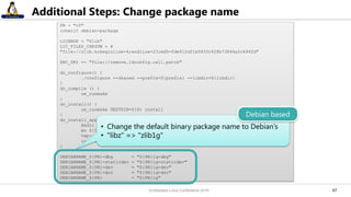 6767
Additional Steps: Change package name
PR = "r0"
inherit debian-package
LICENSE = "Zlib"
LIC_FILES_CHKSUM = ¥
"file://zlib.h;beginline=4;endline=23;md5=fde612df1e5933c428b73844a0c494fd"
SRC_URI += "file://remove.ldconfig.call.patch"
do_configure() {
./configure --shared --prefix=${prefix} --libdir=${libdir}
}
do_compile () {
oe_runmake
}
do_install() {
oe_runmake DESTDIR=${D} install
}
do_install_append_class-target() {
mkdir -p ${D}/${base_libdir}
mv ${D}/${libdir}/libz.so.* ${D}/${base_libdir}
tmp=`readlink ${D}/${libdir}/libz.so`
ln -sf ../../${base_libdir}/$tmp ${D}/${libdir}/libz.so
}
DEBIANNAME_${PN}-dbg = "${PN}1g-dbg"
DEBIANNAME_${PN}-staticdev = "${PN}1g-staticdev"
DEBIANNAME_${PN}-dev = "${PN}1g-dev"
DEBIANNAME_${PN}-doc = "${PN}1g-doc"
DEBIANNAME_${PN} = "${PN}1g"
• Change the default binary package name to Debian’s
• "libz" => "zlib1g"
Debian based
Embedded Linux Conference 2016
 