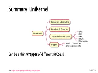 Summary: Unikernel
Can be a thin wrapper of di erent RTOSes?
ref high level programming languages 30 / 71
 