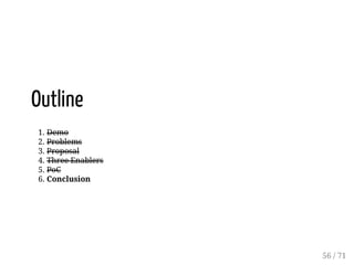 Outline
1. Demo
2. Problems
3. Proposal
4. Three Enablers
5. PoC
6. Conclusion
56 / 71
 
