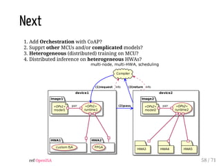 Next
1. Add Orchestration with CoAP?
2. Supprt other MCUs and/or complicated models?
3. Heterogeneous (distributed) training on MCU?
4. Distributed inference on heterogeneous HWAs?
ref OpenISA 58 / 71
 