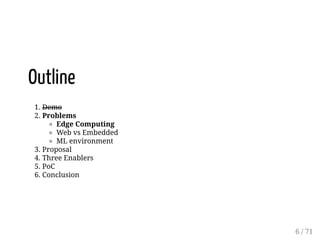 Outline
1. Demo
2. Problems
Edge Computing
Web vs Embedded
ML environment
3. Proposal
4. Three Enablers
5. PoC
6. Conclusion
6 / 71
 