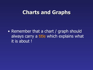Charts and Graphs Remember that a chart / graph should always carry a  title  which explains what it is about ! 