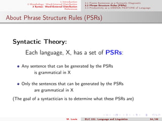 1 Introduction
2 Morphology: Word-Internal Distribution
3 Syntax: Word-External Distribution
References
3.1 Frame Sentences as a Syntactic Diagnostic
3.2 Phrase Structure Rules (PSRs)
3.3 Productivity as a DESIGN FEATURE of Language
About Phrase Structure Rules (PSRs)
Syntactic Theory:
Each language, X, has a set of PSRs:
Any sentence that can be generated by the PSRs
is grammatical in X
Only the sentences that can be generated by the PSRs
are grammatical in X
(The goal of a syntactician is to determine what these PSRs are)
M. Louie ELC 231: Language and Linguistics 54 / 89
 