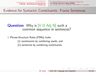 1 Introduction
2 Morphology: Word-Internal Distribution
3 Syntax: Word-External Distribution
References
3.1 Frame Sentences as a Syntactic Diagnostic
3.2 Phrase Structure Rules (PSRs)
3.3 Productivity as a DESIGN FEATURE of Language
Evidence for Syntactic Constituents: Frame Sentences
.
Question: Why is [V D Adj N] such a
common sequence in sentences?
1 Phrase-Structure Rules (PSRs) make
(i) constituents by combining words, and
(ii) sentences by combining constituents
M. Louie ELC 231: Language and Linguistics 56 / 89
 