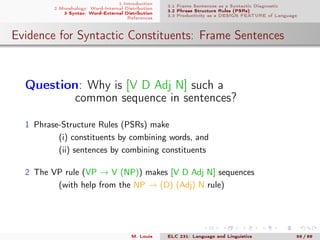 1 Introduction
2 Morphology: Word-Internal Distribution
3 Syntax: Word-External Distribution
References
3.1 Frame Sentences as a Syntactic Diagnostic
3.2 Phrase Structure Rules (PSRs)
3.3 Productivity as a DESIGN FEATURE of Language
Evidence for Syntactic Constituents: Frame Sentences
.
Question: Why is [V D Adj N] such a
common sequence in sentences?
1 Phrase-Structure Rules (PSRs) make
(i) constituents by combining words, and
(ii) sentences by combining constituents
2 The VP rule (VP → V (NP)) makes [V D Adj N] sequences
(with help from the NP → (D) (Adj) N rule)
M. Louie ELC 231: Language and Linguistics 56 / 89
 