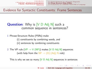 1 Introduction
2 Morphology: Word-Internal Distribution
3 Syntax: Word-External Distribution
References
3.1 Frame Sentences as a Syntactic Diagnostic
3.2 Phrase Structure Rules (PSRs)
3.3 Productivity as a DESIGN FEATURE of Language
Evidence for Syntactic Constituents: Frame Sentences
.
Question: Why is [V D Adj N] such a
common sequence in sentences?
1 Phrase-Structure Rules (PSRs) make
(i) constituents by combining words, and
(ii) sentences by combining constituents
2 The VP rule (VP → V (NP)) makes [V D Adj N] sequences
(with help from the NP → (D) (Adj) N rule)
This is why we see so many [V D Adj N] sequences in sentences
M. Louie ELC 231: Language and Linguistics 56 / 89
 