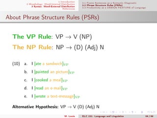 1 Introduction
2 Morphology: Word-Internal Distribution
3 Syntax: Word-External Distribution
References
3.1 Frame Sentences as a Syntactic Diagnostic
3.2 Phrase Structure Rules (PSRs)
3.3 Productivity as a DESIGN FEATURE of Language
About Phrase Structure Rules (PSRs)
.
The VP Rule: VP → V (NP)
The NP Rule: NP → (D) (Adj) N
(10) a. I [ate a sandwich]VP
b. I [painted an picture]VP
c. I [cooked a meal]VP
d. I [read an e-mail]VP
e. I [wrote a text-message]VP
Alternative Hypothesis: VP → V (D) (Adj) N
M. Louie ELC 231: Language and Linguistics 59 / 89
 