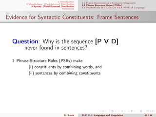 1 Introduction
2 Morphology: Word-Internal Distribution
3 Syntax: Word-External Distribution
References
3.1 Frame Sentences as a Syntactic Diagnostic
3.2 Phrase Structure Rules (PSRs)
3.3 Productivity as a DESIGN FEATURE of Language
Evidence for Syntactic Constituents: Frame Sentences
.
Question: Why is the sequence [P V D]
never found in sentences?
1 Phrase-Structure Rules (PSRs) make
(i) constituents by combining words, and
(ii) sentences by combining constituents
M. Louie ELC 231: Language and Linguistics 63 / 89
 