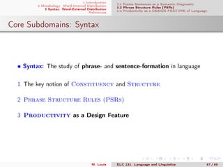1 Introduction
2 Morphology: Word-Internal Distribution
3 Syntax: Word-External Distribution
References
3.1 Frame Sentences as a Syntactic Diagnostic
3.2 Phrase Structure Rules (PSRs)
3.3 Productivity as a DESIGN FEATURE of Language
Core Subdomains: Syntax
• Syntax: The study of phrase- and sentence-formation in language
1 The key notion of Constituency and Structure
2 Phrase Structure Rules (PSRs)
3 Productivity as a Design Feature
M. Louie ELC 231: Language and Linguistics 67 / 89
 
