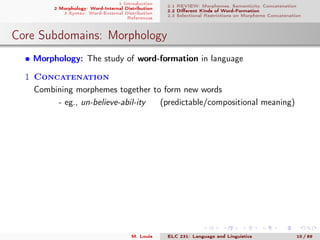 1 Introduction
2 Morphology: Word-Internal Distribution
3 Syntax: Word-External Distribution
References
2.1 REVIEW: Morphemes, Semanticity, Concatenation
2.2 Diﬀerent Kinds of Word-Formation
2.3 Selectional Restrictions on Morpheme Concatenation
Core Subdomains: Morphology
• Morphology: The study of word-formation in language
1 Concatenation
Combining morphemes together to form new words
- eg., un-believe-abil-ity (predictable/compositional meaning)
M. Louie ELC 231: Language and Linguistics 10 / 89
 