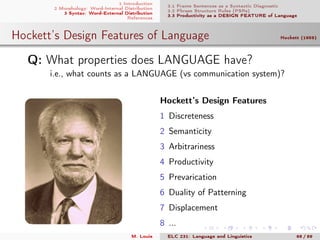 1 Introduction
2 Morphology: Word-Internal Distribution
3 Syntax: Word-External Distribution
References
3.1 Frame Sentences as a Syntactic Diagnostic
3.2 Phrase Structure Rules (PSRs)
3.3 Productivity as a DESIGN FEATURE of Language
Hockett’s Design Features of Language Hockett (1959)
.Q: What properties does LANGUAGE have?
i.e., what counts as a LANGUAGE (vs communication system)?
Hockett’s Design Features
1 Discreteness
2 Semanticity
3 Arbitrariness
4 Productivity
5 Prevarication
6 Duality of Patterning
7 Displacement
8 ...
M. Louie ELC 231: Language and Linguistics 68 / 89
 