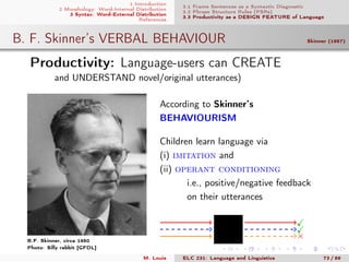 1 Introduction
2 Morphology: Word-Internal Distribution
3 Syntax: Word-External Distribution
References
3.1 Frame Sentences as a Syntactic Diagnostic
3.2 Phrase Structure Rules (PSRs)
3.3 Productivity as a DESIGN FEATURE of Language
B. F. Skinner’s VERBAL BEHAVIOUR Skinner (1957)
.Productivity: Language-users can CREATE
and UNDERSTAND novel/original utterances)
B.F. Skinner, circa 1950
Photo: Silly rabbit [GFDL]
According to Skinner’s
BEHAVIOURISM
Children learn language via
(i) imitation and
(ii) operant conditioning
i.e., positive/negative feedback
on their utterances
×
M. Louie ELC 231: Language and Linguistics 73 / 89
 