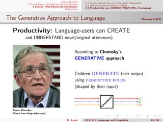1 Introduction
2 Morphology: Word-Internal Distribution
3 Syntax: Word-External Distribution
References
3.1 Frame Sentences as a Syntactic Diagnostic
3.2 Phrase Structure Rules (PSRs)
3.3 Productivity as a DESIGN FEATURE of Language
The Generative Approach to Language Chomsky (1957)
Productivity: Language-users can CREATE
and UNDERSTAND novel/original utterances)
Noam Chomsky
Photo from biography.com]
According to Chomsky’s
GENERATIVE approach
Children GENERATE their output
using productive rules
(shaped by their input)
G
R
A
M
M
A
R
×
M. Louie ELC 231: Language and Linguistics 83 / 89
 
