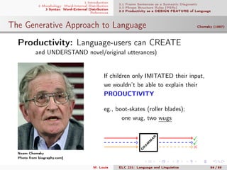 1 Introduction
2 Morphology: Word-Internal Distribution
3 Syntax: Word-External Distribution
References
3.1 Frame Sentences as a Syntactic Diagnostic
3.2 Phrase Structure Rules (PSRs)
3.3 Productivity as a DESIGN FEATURE of Language
The Generative Approach to Language Chomsky (1957)
Productivity: Language-users can CREATE
and UNDERSTAND novel/original utterances)
Noam Chomsky
Photo from biography.com]
If children only IMITATED their input,
we wouldn’t be able to explain their
PRODUCTIVITY
eg., boot-skates (roller blades);
one wug, two wugs
G
R
A
M
M
A
R
×
M. Louie ELC 231: Language and Linguistics 84 / 89
 