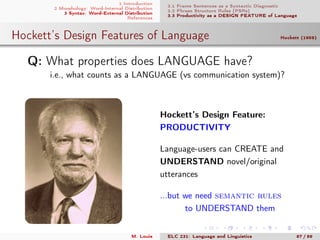 1 Introduction
2 Morphology: Word-Internal Distribution
3 Syntax: Word-External Distribution
References
3.1 Frame Sentences as a Syntactic Diagnostic
3.2 Phrase Structure Rules (PSRs)
3.3 Productivity as a DESIGN FEATURE of Language
Hockett’s Design Features of Language Hockett (1959)
.Q: What properties does LANGUAGE have?
i.e., what counts as a LANGUAGE (vs communication system)?
Hockett’s Design Feature:
PRODUCTIVITY
Language-users can CREATE and
UNDERSTAND novel/original
utterances
...but we need semantic rules
to UNDERSTAND them
M. Louie ELC 231: Language and Linguistics 87 / 89
 