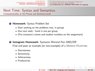 1 Introduction
2 Morphology: Word-Internal Distribution
3 Syntax: Word-External Distribution
References
3.1 Frame Sentences as a Syntactic Diagnostic
3.2 Phrase Structure Rules (PSRs)
3.3 Productivity as a DESIGN FEATURE of Language
Next Time: Syntax and Semantics
Compositionality at the Phrase and Sentence-Level
1 Homework: Syntax Problem Set
Start working on the problems now, in groups
Due next week - hand in one per group
(Put everyone’s names and student numbers on the assignment)
2 Instagram Homework: Syntactic Minimal Pair AND/OR
Find and post an example (or non-example) of a Design Feature
Discreteness
Semanticity
Arbitrariness
Productivity
M. Louie ELC 231: Language and Linguistics 88 / 89
 