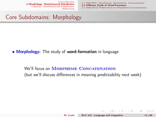 1 Introduction
2 Morphology: Word-Internal Distribution
3 Syntax: Word-External Distribution
References
2.1 REVIEW: Morphemes, Semanticity, Concatenation
2.2 Diﬀerent Kinds of Word-Formation
2.3 Selectional Restrictions on Morpheme Concatenation
Core Subdomains: Morphology
• Morphology: The study of word-formation in language
We’ll focus on Morpheme Concatenation
(but we’ll discuss diﬀerences in meaning predictability next week)
M. Louie ELC 231: Language and Linguistics 11 / 89
 