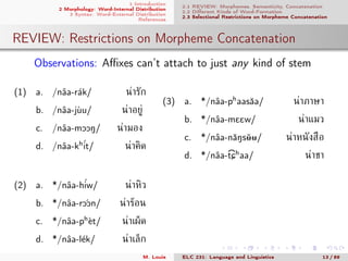 1 Introduction
2 Morphology: Word-Internal Distribution
3 Syntax: Word-External Distribution
References
2.1 REVIEW: Morphemes, Semanticity, Concatenation
2.2 Diﬀerent Kinds of Word-Formation
2.3 Selectional Restrictions on Morpheme Concatenation
REVIEW: Restrictions on Morpheme Concatenation
. Observations: Aﬃxes can’t attach to just any kind of stem
(1) a. /nˆaa-r´ak/ น่ารัก
b. /nˆaa-j`uu/ น่าอยู่
c. /nˆaa-mOON/ น่ามอง
d. /nˆaa-kh´it/ น่าคิด
(2) a. */nˆaa-h´iw/ น่าหิว
b. */nˆaa-r ´OOn/ น่าร้อน
c. */nˆaa-ph
`et/ น่าเผ็ด
d. */nˆaa-l´ek/ น่าเล็ก
(3) a. */nˆaa-ph
aasˇaa/ น่าภาษา
b. */nˆaa-mEEw/ น่าแมว
c. */nˆaa-nˇaNsˇ00/ น่าหนังสือ
d. */nˆaa-
>
tCh
aa/ น่าชา
M. Louie ELC 231: Language and Linguistics 13 / 89
 