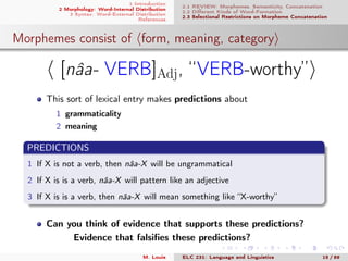1 Introduction
2 Morphology: Word-Internal Distribution
3 Syntax: Word-External Distribution
References
2.1 REVIEW: Morphemes, Semanticity, Concatenation
2.2 Diﬀerent Kinds of Word-Formation
2.3 Selectional Restrictions on Morpheme Concatenation
Morphemes consist of form, meaning, category
[nâa- VERB]Adj, “VERB-worthy”
This sort of lexical entry makes predictions about
1 grammaticality
2 meaning
PREDICTIONS
1 If X is not a verb, then nâa-X will be ungrammatical
2 If X is is a verb, nâa-X will pattern like an adjective
3 If X is is a verb, then nâa-X will mean something like “X-worthy”
Can you think of evidence that supports these predictions?
Evidence that falsiﬁes these predictions?
M. Louie ELC 231: Language and Linguistics 15 / 89
 