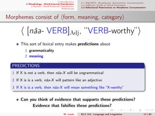 1 Introduction
2 Morphology: Word-Internal Distribution
3 Syntax: Word-External Distribution
References
2.1 REVIEW: Morphemes, Semanticity, Concatenation
2.2 Diﬀerent Kinds of Word-Formation
2.3 Selectional Restrictions on Morpheme Concatenation
Morphemes consist of form, meaning, category
[nâa- VERB]Adj, “VERB-worthy”
This sort of lexical entry makes predictions about
1 grammaticality
2 meaning
PREDICTIONS
1 If X is not a verb, then nâa-X will be ungrammatical
2 If X is is a verb, nâa-X will pattern like an adjective
3 If X is is a verb, then nâa-X will mean something like “X-worthy”
Can you think of evidence that supports these predictions?
Evidence that falsiﬁes these predictions?
M. Louie ELC 231: Language and Linguistics 17 / 89
 