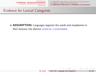 1 Introduction
2 Morphology: Word-Internal Distribution
3 Syntax: Word-External Distribution
References
2.1 REVIEW: Morphemes, Semanticity, Concatenation
2.2 Diﬀerent Kinds of Word-Formation
2.3 Selectional Restrictions on Morpheme Concatenation
Evidence for Lexical Categories
ASSUMPTION: Languages organize the words and morphemes in
their lexicons into distinct lexical categories
M. Louie ELC 231: Language and Linguistics 19 / 89
 