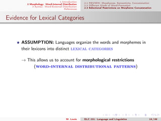 1 Introduction
2 Morphology: Word-Internal Distribution
3 Syntax: Word-External Distribution
References
2.1 REVIEW: Morphemes, Semanticity, Concatenation
2.2 Diﬀerent Kinds of Word-Formation
2.3 Selectional Restrictions on Morpheme Concatenation
Evidence for Lexical Categories
ASSUMPTION: Languages organize the words and morphemes in
their lexicons into distinct lexical categories
→ This allows us to account for morphological restrictions
(word-internal distributional patterns)
M. Louie ELC 231: Language and Linguistics 19 / 89
 