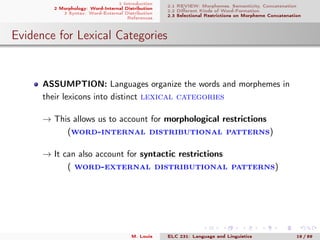 1 Introduction
2 Morphology: Word-Internal Distribution
3 Syntax: Word-External Distribution
References
2.1 REVIEW: Morphemes, Semanticity, Concatenation
2.2 Diﬀerent Kinds of Word-Formation
2.3 Selectional Restrictions on Morpheme Concatenation
Evidence for Lexical Categories
ASSUMPTION: Languages organize the words and morphemes in
their lexicons into distinct lexical categories
→ This allows us to account for morphological restrictions
(word-internal distributional patterns)
→ It can also account for syntactic restrictions
( word-external distributional patterns)
M. Louie ELC 231: Language and Linguistics 19 / 89
 