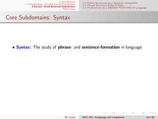 1 Introduction
2 Morphology: Word-Internal Distribution
3 Syntax: Word-External Distribution
References
3.1 Frame Sentences as a Syntactic Diagnostic
3.2 Phrase Structure Rules (PSRs)
3.3 Productivity as a DESIGN FEATURE of Language
Core Subdomains: Syntax
• Syntax: The study of phrase- and sentence-formation in language
M. Louie ELC 231: Language and Linguistics 20 / 89
 