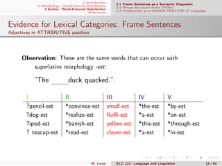 1 Introduction
2 Morphology: Word-Internal Distribution
3 Syntax: Word-External Distribution
References
3.1 Frame Sentences as a Syntactic Diagnostic
3.2 Phrase Structure Rules (PSRs)
3.3 Productivity as a DESIGN FEATURE of Language
Evidence for Lexical Categories: Frame Sentences
Adjectives in ATTRIBUTIVE position
. Observation: These are the same words that can occur with
superlative morphology -est:
”The mmmduck quacked.”:
I II III IV V
?pencil-est *convince-est small-est *the-est *by-est
?dog-est *realize-est ﬂuﬃ-est *a-est *on-est
?ipod-est *banish-est yellow-est *this-est *through-est
? teacup-est *read-est clever-est *a-est *in-est
M. Louie ELC 231: Language and Linguistics 24 / 89
 