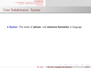 1 Introduction
2 Morphology: Word-Internal Distribution
3 Syntax: Word-External Distribution
References
Core Subdomains: Syntax
• Syntax: The study of phrase- and sentence-formation in language
M. Louie ELC 231: Language and Linguistics 5 / 89
 