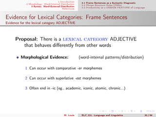 1 Introduction
2 Morphology: Word-Internal Distribution
3 Syntax: Word-External Distribution
References
3.1 Frame Sentences as a Syntactic Diagnostic
3.2 Phrase Structure Rules (PSRs)
3.3 Productivity as a DESIGN FEATURE of Language
Evidence for Lexical Categories: Frame Sentences
Evidence for the lexical category ADJECTIVE
. Proposal: There is a lexical category ADJECTIVE
that behaves diﬀerently from other words
Morphological Evidence: (word-internal patterns/distribution)
1 Can occur with comparative -er morphemes
2 Can occur with superlative -est morphemes
3 Often end in -ic (eg., academic, iconic, atomic, chronic...)
M. Louie ELC 231: Language and Linguistics 30 / 89
 