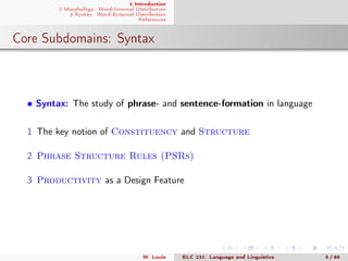1 Introduction
2 Morphology: Word-Internal Distribution
3 Syntax: Word-External Distribution
References
Core Subdomains: Syntax
• Syntax: The study of phrase- and sentence-formation in language
1 The key notion of Constituency and Structure
2 Phrase Structure Rules (PSRs)
3 Productivity as a Design Feature
M. Louie ELC 231: Language and Linguistics 5 / 89
 