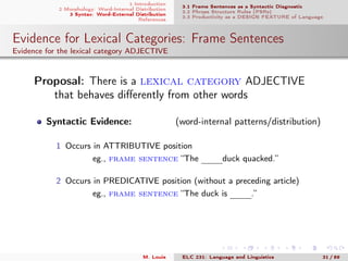 1 Introduction
2 Morphology: Word-Internal Distribution
3 Syntax: Word-External Distribution
References
3.1 Frame Sentences as a Syntactic Diagnostic
3.2 Phrase Structure Rules (PSRs)
3.3 Productivity as a DESIGN FEATURE of Language
Evidence for Lexical Categories: Frame Sentences
Evidence for the lexical category ADJECTIVE
. Proposal: There is a lexical category ADJECTIVE
that behaves diﬀerently from other words
Syntactic Evidence: (word-internal patterns/distribution)
1 Occurs in ATTRIBUTIVE position
eg., frame sentence “The mmmduck quacked.”
2 Occurs in PREDICATIVE position (without a preceding article)
eg., frame sentence “The duck is mmm.”
M. Louie ELC 231: Language and Linguistics 31 / 89
 