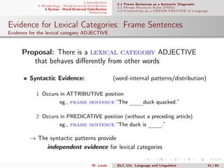 1 Introduction
2 Morphology: Word-Internal Distribution
3 Syntax: Word-External Distribution
References
3.1 Frame Sentences as a Syntactic Diagnostic
3.2 Phrase Structure Rules (PSRs)
3.3 Productivity as a DESIGN FEATURE of Language
Evidence for Lexical Categories: Frame Sentences
Evidence for the lexical category ADJECTIVE
. Proposal: There is a lexical category ADJECTIVE
that behaves diﬀerently from other words
Syntactic Evidence: (word-internal patterns/distribution)
1 Occurs in ATTRIBUTIVE position
eg., frame sentence “The mmmduck quacked.”
2 Occurs in PREDICATIVE position (without a preceding article)
eg., frame sentence “The duck is mmm.”
→ The syntactic patterns provide
independent evidence for lexical categories
M. Louie ELC 231: Language and Linguistics 31 / 89
 