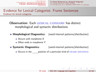 1 Introduction
2 Morphology: Word-Internal Distribution
3 Syntax: Word-External Distribution
References
3.1 Frame Sentences as a Syntactic Diagnostic
3.2 Phrase Structure Rules (PSRs)
3.3 Productivity as a DESIGN FEATURE of Language
Evidence for Lexical Categories: Frame Sentences
Evidence for lexical categories
. Observation: Each lexical category has distinct
morphological and syntactic distributions
Morphological Diagnostics: (word-internal patterns/distribution)
Occurs with morpheme X
Often ends in morpheme Y
Syntactic Diagnostics: (word-internal patterns/distribution)
Occurs in the mmmposition of a particular kind of frame sentence
M. Louie ELC 231: Language and Linguistics 32 / 89
 