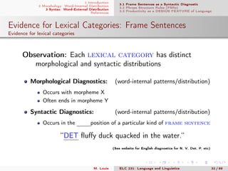 1 Introduction
2 Morphology: Word-Internal Distribution
3 Syntax: Word-External Distribution
References
3.1 Frame Sentences as a Syntactic Diagnostic
3.2 Phrase Structure Rules (PSRs)
3.3 Productivity as a DESIGN FEATURE of Language
Evidence for Lexical Categories: Frame Sentences
Evidence for lexical categories
. Observation: Each lexical category has distinct
morphological and syntactic distributions
Morphological Diagnostics: (word-internal patterns/distribution)
Occurs with morpheme X
Often ends in morpheme Y
Syntactic Diagnostics: (word-internal patterns/distribution)
Occurs in the mmmposition of a particular kind of frame sentence
“DET ﬂuﬀy duck quacked in the water.“
. (See website for English diagnostics for N, V, Det, P, etc)
M. Louie ELC 231: Language and Linguistics 32 / 89
 