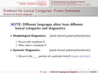1 Introduction
2 Morphology: Word-Internal Distribution
3 Syntax: Word-External Distribution
References
3.1 Frame Sentences as a Syntactic Diagnostic
3.2 Phrase Structure Rules (PSRs)
3.3 Productivity as a DESIGN FEATURE of Language
Evidence for Lexical Categories: Frame Sentences
Evidence for lexical categories
. NOTE: Diﬀerent languages often have diﬀerent
lexical categories and diagnostics
Morphological Diagnostics: (word-internal patterns/distribution)
1 Occurs with morpheme X
2 Often ends in morpheme Y
Syntactic Diagnostics: (word-internal patterns/distribution)
1 Occurs in the mmmposition of a particular kind of frame sentence
M. Louie ELC 231: Language and Linguistics 38 / 89
 