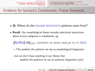 1 Introduction
2 Morphology: Word-Internal Distribution
3 Syntax: Word-External Distribution
References
3.1 Frame Sentences as a Syntactic Diagnostic
3.2 Phrase Structure Rules (PSRs)
3.3 Productivity as a DESIGN FEATURE of Language
Evidence for Syntactic Constituents: Frame Sentences
.
Q: Where do the frame sentence patterns come from?
Recall: Our morphological theory encodes selectional restrictions
about lexical categories in morphemes, eg.
[N/ADJ]-ish]ADJ, property of being similar to N/ADJ
→ This predicts the patterns we use as morphological diagnostics
...but we don’t have anything in our theory that
predicts the patterns we use as syntactic diagnostics (yet)
M. Louie ELC 231: Language and Linguistics 39 / 89
 