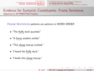 1 Introduction
2 Morphology: Word-Internal Distribution
3 Syntax: Word-External Distribution
References
3.1 Frame Sentences as a Syntactic Diagnostic
3.2 Phrase Structure Rules (PSRs)
3.3 Productivity as a DESIGN FEATURE of Language
Evidence for Syntactic Constituents: Frame Sentences
Adjectives in ATTRIBUTIVE Position
Frame Sentences patterns are patterns in WORD ORDER
“The ﬂuﬀy duck quacked.”
“A funny student smiled.”
“This cheap teacup cracked.”
“I heard the ﬂuﬀy duck.”
“I broke this cheap teacup.”
M. Louie ELC 231: Language and Linguistics 40 / 89
 