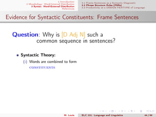 1 Introduction
2 Morphology: Word-Internal Distribution
3 Syntax: Word-External Distribution
References
3.1 Frame Sentences as a Syntactic Diagnostic
3.2 Phrase Structure Rules (PSRs)
3.3 Productivity as a DESIGN FEATURE of Language
Evidence for Syntactic Constituents: Frame Sentences
Question: Why is [D Adj N] such a
common sequence in sentences?
Syntactic Theory:
(i) Words are combined to form
constituents
M. Louie ELC 231: Language and Linguistics 44 / 89
 