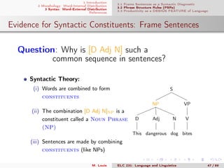 1 Introduction
2 Morphology: Word-Internal Distribution
3 Syntax: Word-External Distribution
References
3.1 Frame Sentences as a Syntactic Diagnostic
3.2 Phrase Structure Rules (PSRs)
3.3 Productivity as a DESIGN FEATURE of Language
Evidence for Syntactic Constituents: Frame Sentences
Question: Why is [D Adj N] such a
common sequence in sentences?
Syntactic Theory:
(i) Words are combined to form
constituents
(ii) The combination [D Adj N]NP is a
constituent called a Noun Phrase
(NP)
(iii) Sentences are made by combining
constituents (like NPs)
S
VP
V
bites
NP
N
dog
Adj
dangerous
D
This
M. Louie ELC 231: Language and Linguistics 47 / 89
 