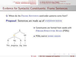 1 Introduction
2 Morphology: Word-Internal Distribution
3 Syntax: Word-External Distribution
References
3.1 Frame Sentences as a Syntactic Diagnostic
3.2 Phrase Structure Rules (PSRs)
3.3 Productivity as a DESIGN FEATURE of Language
Evidence for Syntactic Constituents: Frame Sentences
Q: Where do the Frame Sentence word-order patterns come from?
Proposal: Sentences are made up of constituents
S
VP
V
bites
NP
N
dog
Adj
dangerous
D
This
Constituents are formed from words with
Phrase-Structure Rules (PSRs)
PSRs restrict word order
M. Louie ELC 231: Language and Linguistics 48 / 89
 