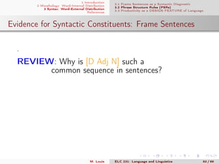 1 Introduction
2 Morphology: Word-Internal Distribution
3 Syntax: Word-External Distribution
References
3.1 Frame Sentences as a Syntactic Diagnostic
3.2 Phrase Structure Rules (PSRs)
3.3 Productivity as a DESIGN FEATURE of Language
Evidence for Syntactic Constituents: Frame Sentences
.
REVIEW: Why is [D Adj N] such a
common sequence in sentences?
M. Louie ELC 231: Language and Linguistics 50 / 89
 