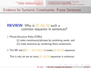 1 Introduction
2 Morphology: Word-Internal Distribution
3 Syntax: Word-External Distribution
References
3.1 Frame Sentences as a Syntactic Diagnostic
3.2 Phrase Structure Rules (PSRs)
3.3 Productivity as a DESIGN FEATURE of Language
Evidence for Syntactic Constituents: Frame Sentences
.
REVIEW: Why is [D Adj N] such a
common sequence in sentences?
1 Phrase-Structure Rules (PSRs)
(i) make constituents/phrases by combining words, and
(ii) make sentences by combining these constituents
2 The NP rule (NP → (D) (Adj) N) makes [D Adj N] sequences
This is why we see so many [D Adj N] sequences in sentences
M. Louie ELC 231: Language and Linguistics 50 / 89
 
